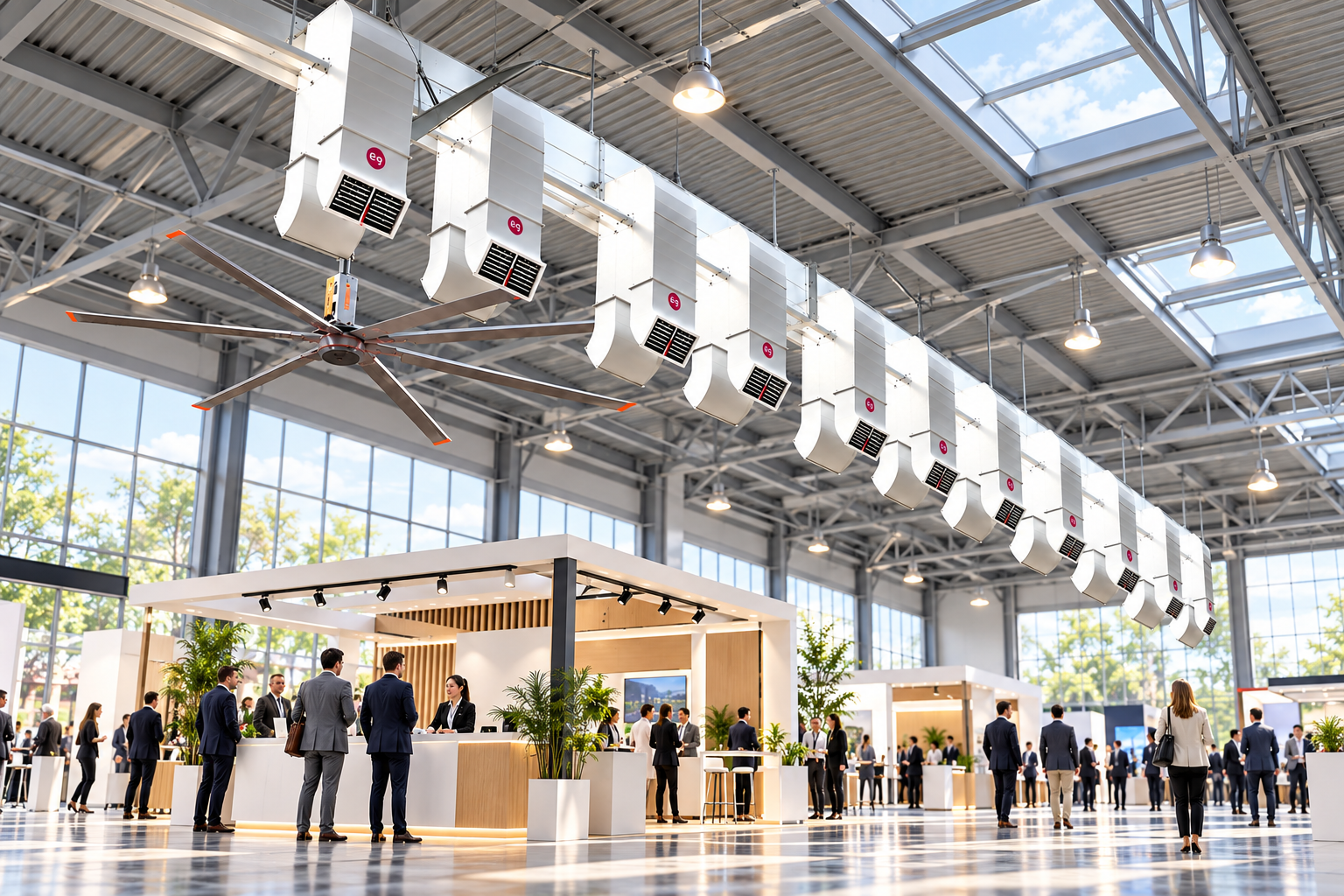 HVLS fan and evaporative coolers serving an exhibition space