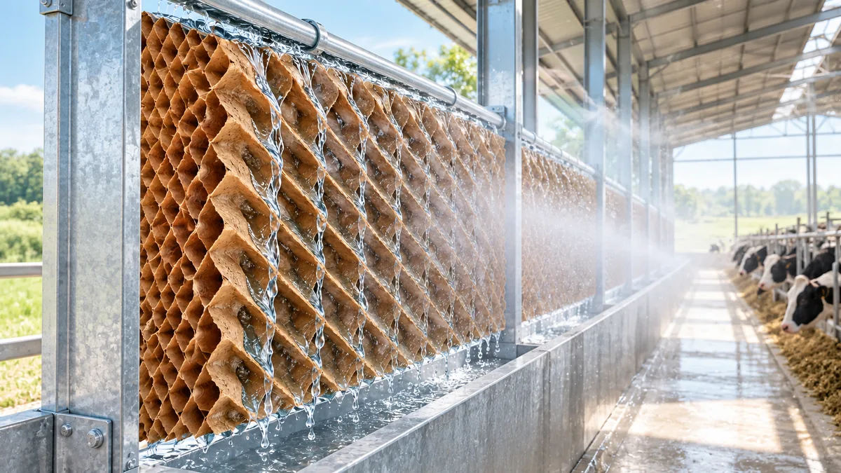 Wet honeycomb evaporative cooling pads installed along a livestock barn wall
