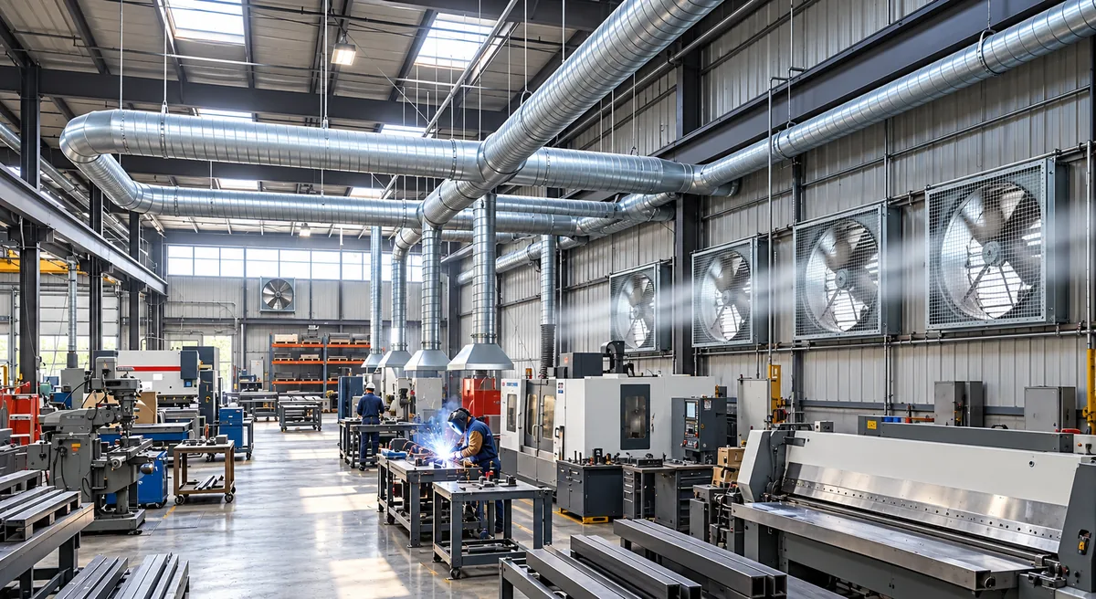 Industrial exhaust fans and ductwork operating in a metal fabrication workshop