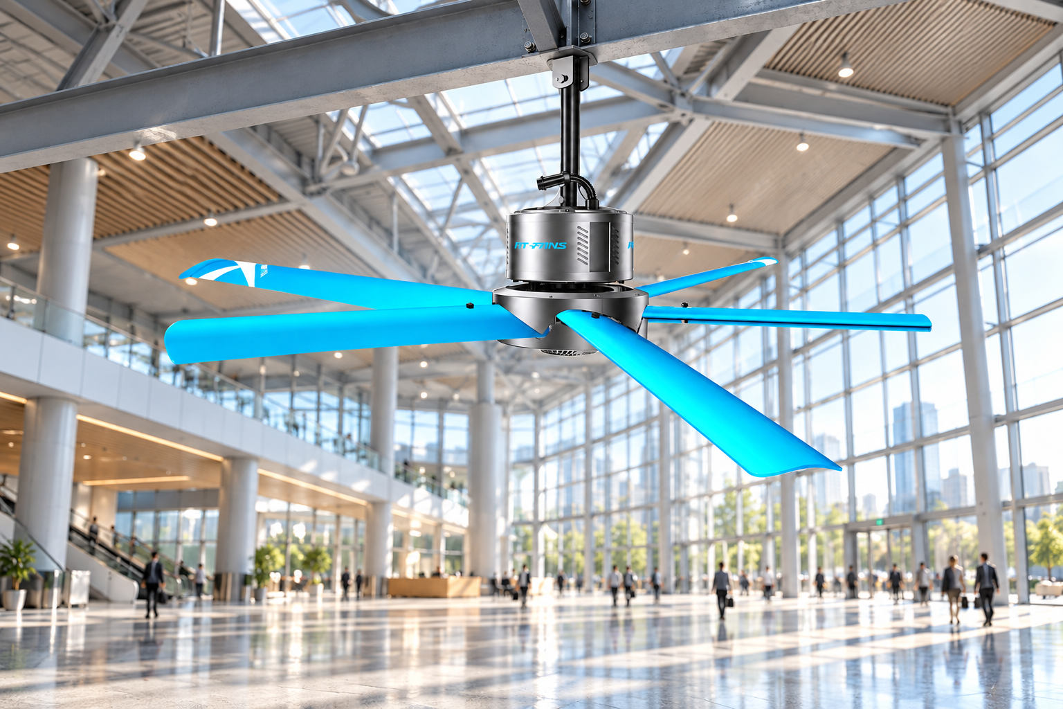 PMSM direct-drive HVLS fan suspended in a bright public atrium