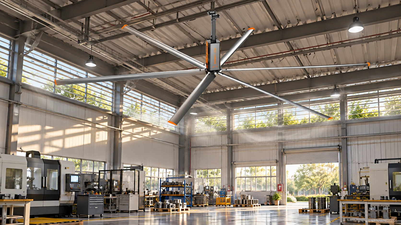 Illustration of an HVLS ceiling fan in a workshop with open clerestory windows