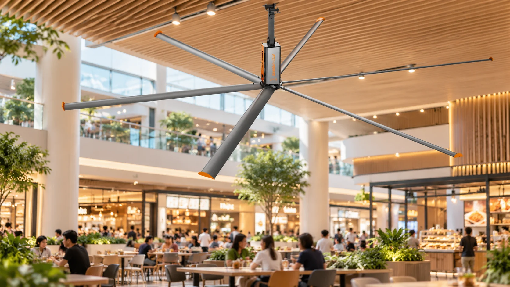 Illustration of an HVLS ceiling fan above a shopping mall food court