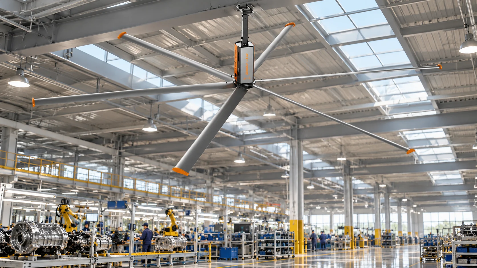 Illustration of an HVLS ceiling fan above an automotive assembly floor