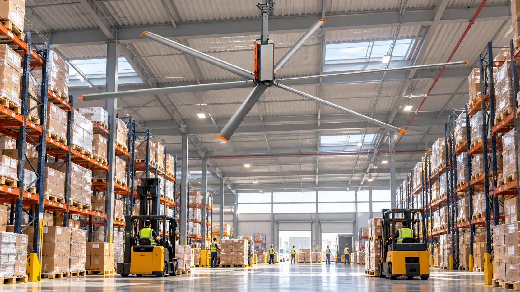 Illustration of an HVLS ceiling fan above warehouse racking and a forklift aisle