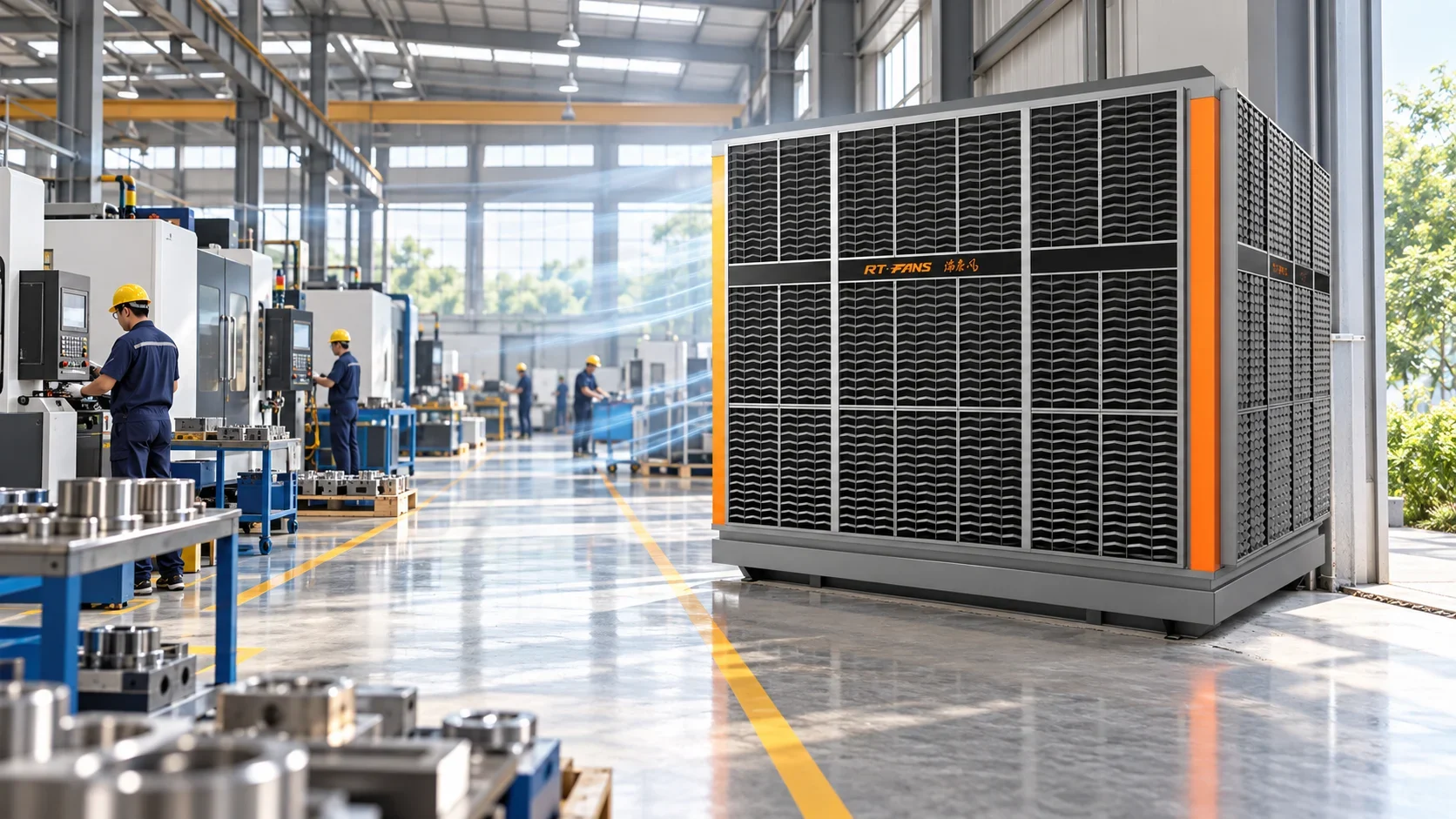 Evaporative cooling system supporting workers on an active factory floor