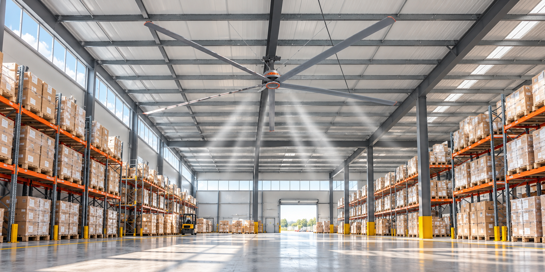 HVLS fan circulating air through a high-bay warehouse aisle