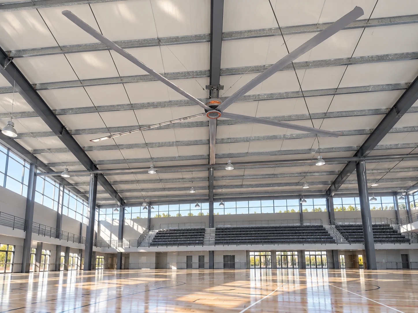 RTFANS five-blade HVLS fan installed in a spacious indoor sports hall