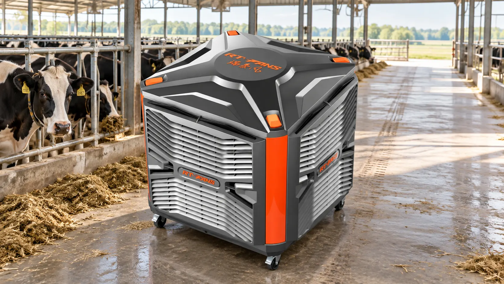 RTFANS 20-series evaporative cooler operating beside the service lane in a livestock barn