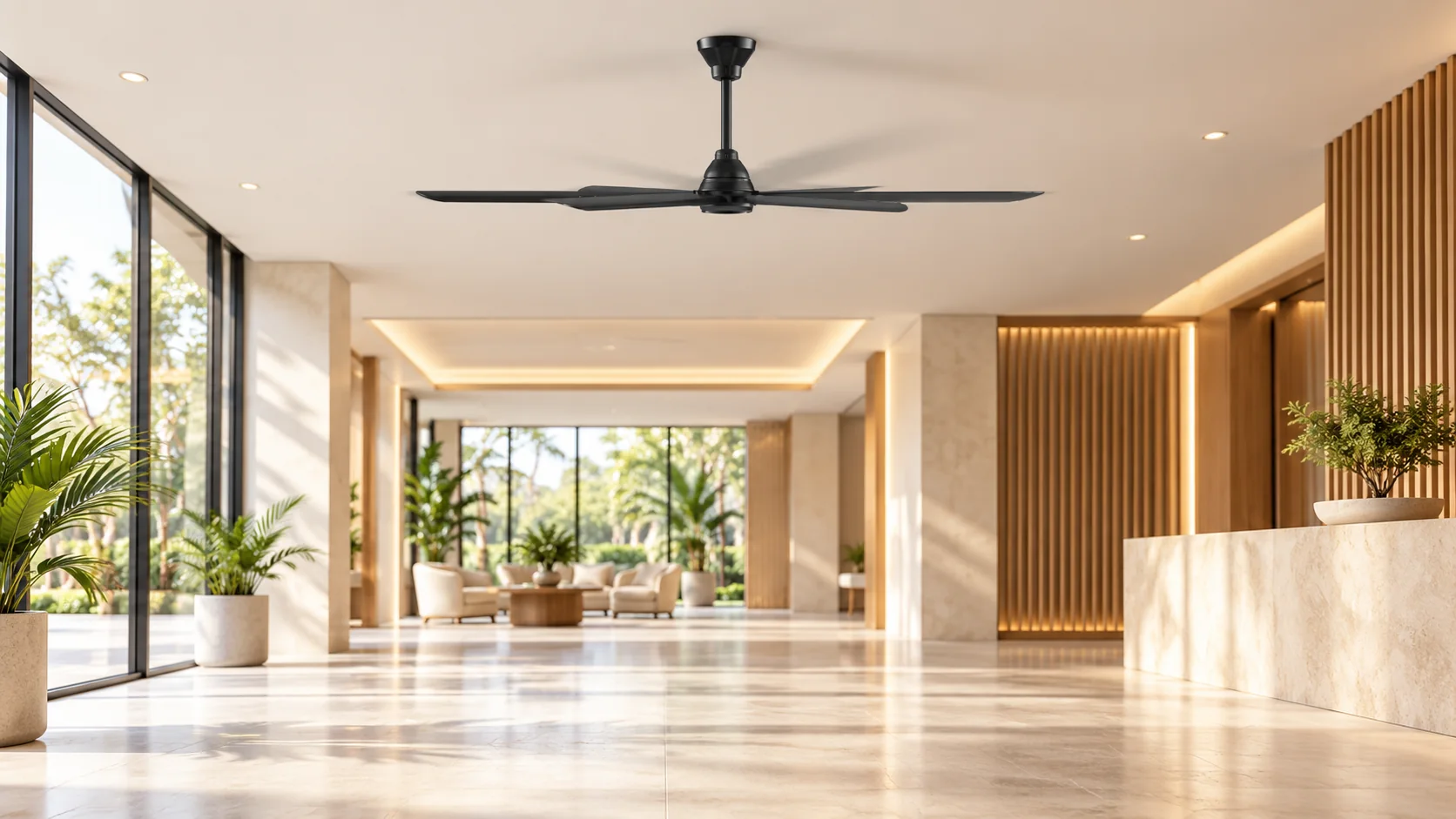 Whisper-quiet commercial ceiling fan in a bright modern customer-facing interior