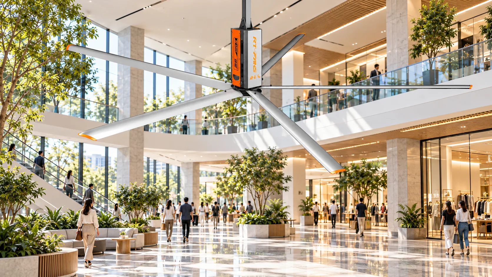 Large ceiling fan circulating air through a bright contemporary shopping mall