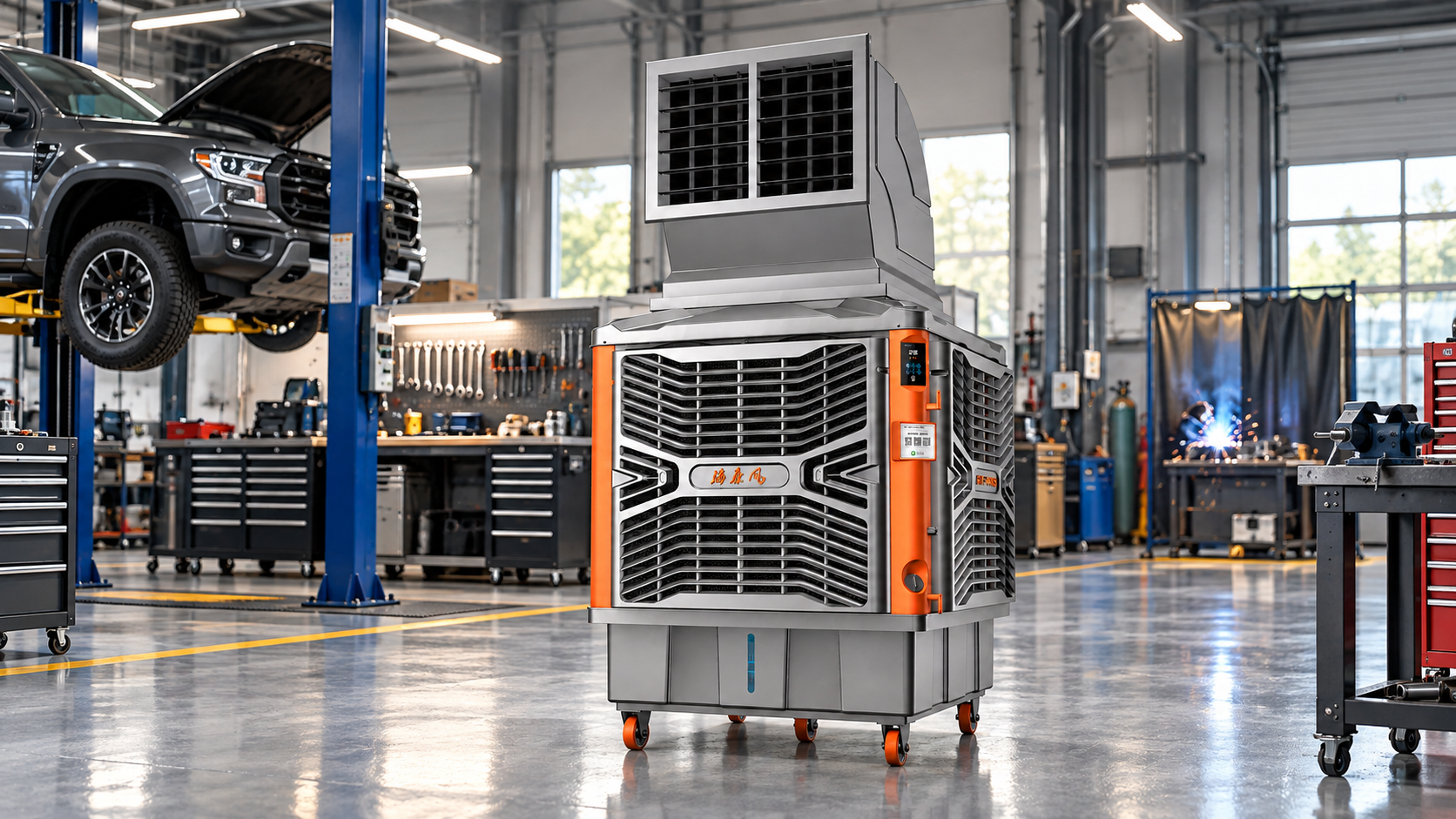 Evaporative cooler operating in an automotive garage and metal workshop
