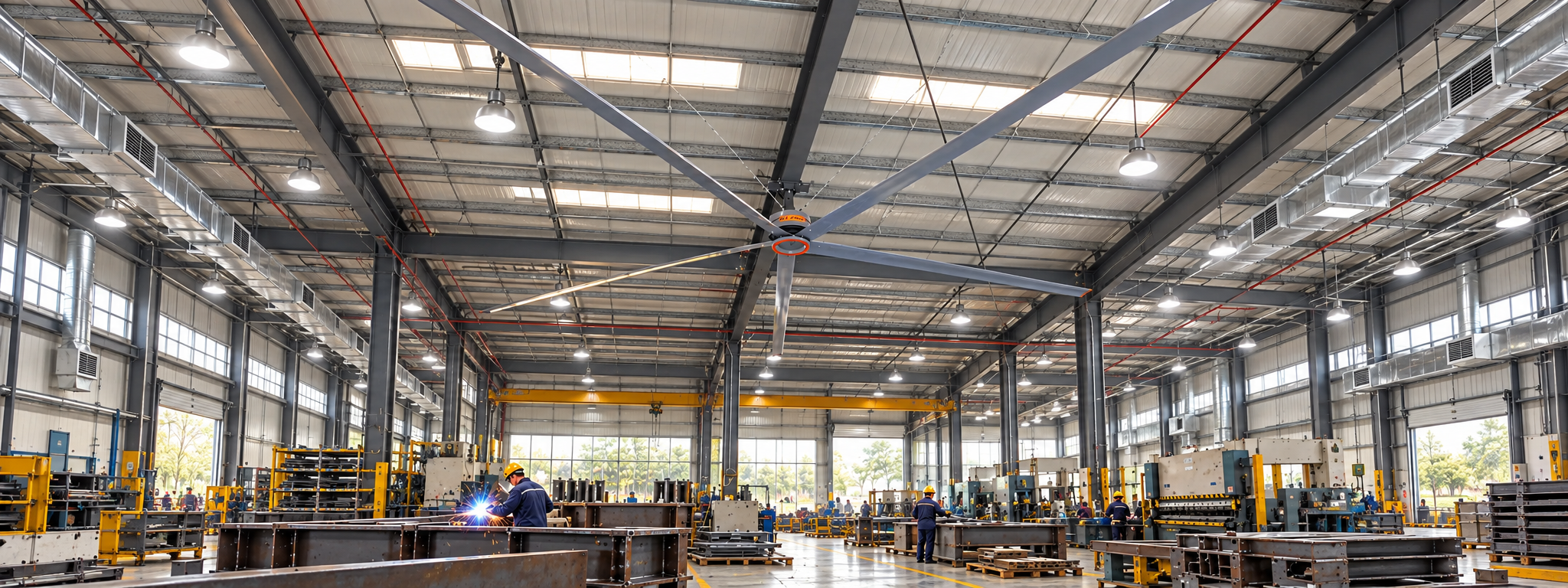 Industrial ventilation and HVLS fan system in a large fabrication facility