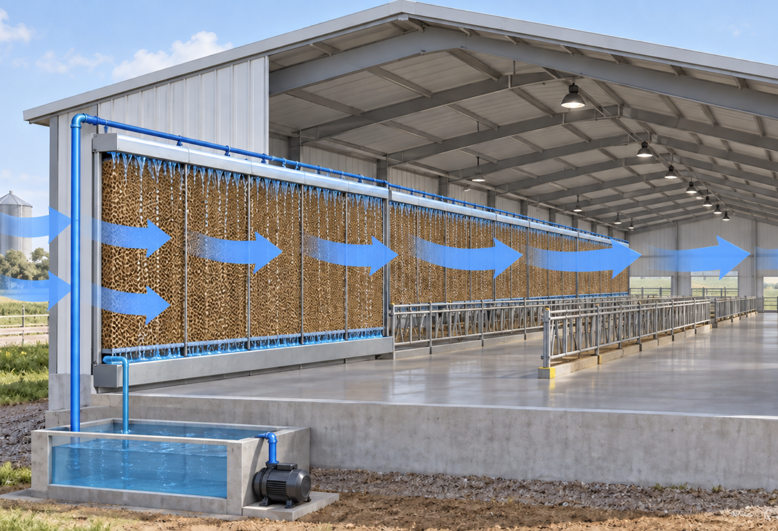 Airflow through a wetted cooling pad inside an agricultural ventilation building