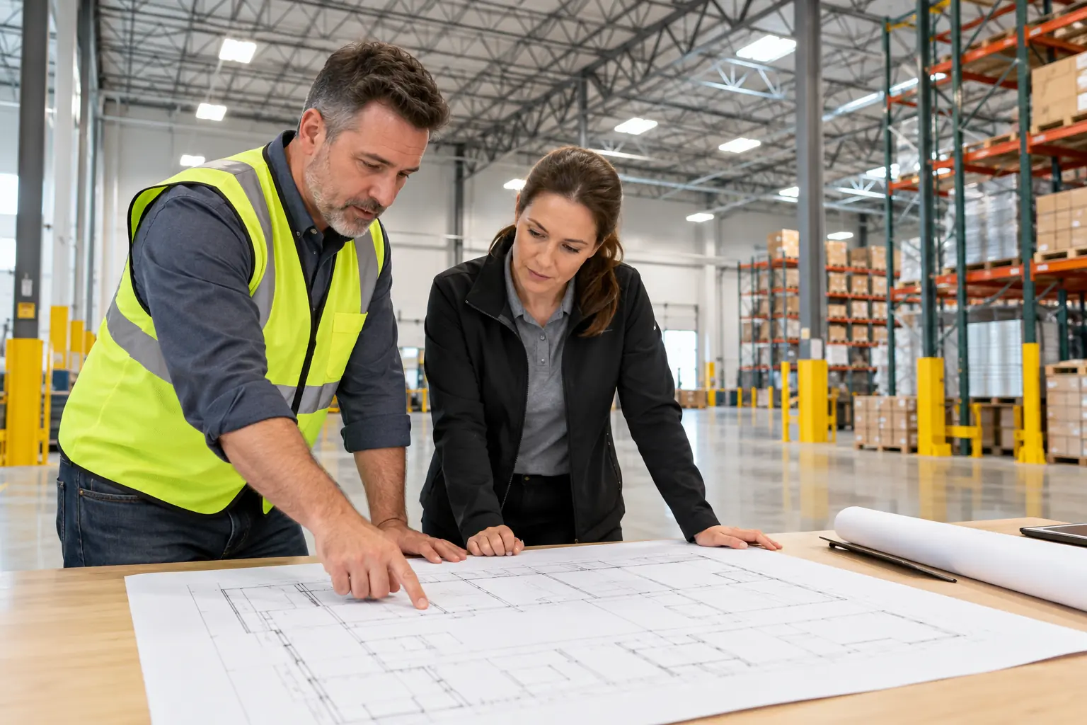 Two people reviewing a floor plan inside a warehouse