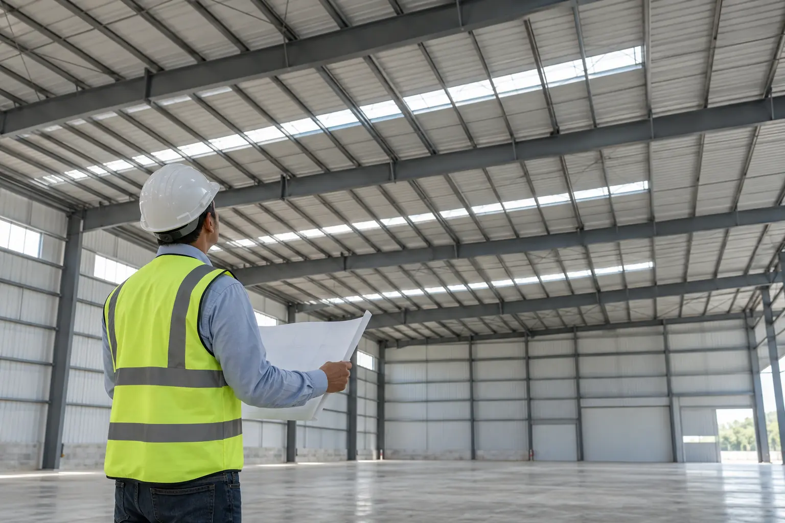 A person reviewing a warehouse roof structure with a plan in hand