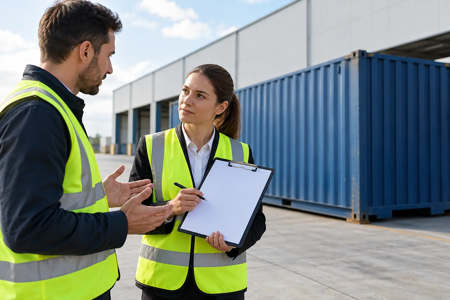 Two people discussing a shipment beside a freight container
