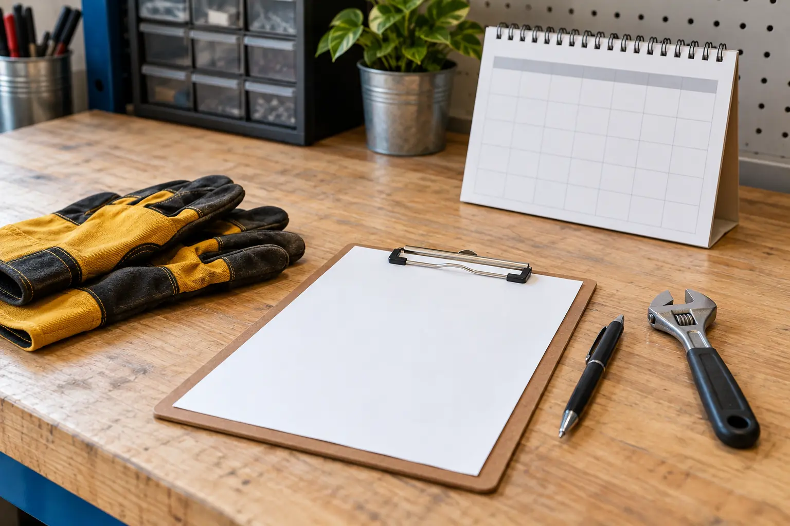 Work gloves, a calendar, a clipboard, and a wrench on a table