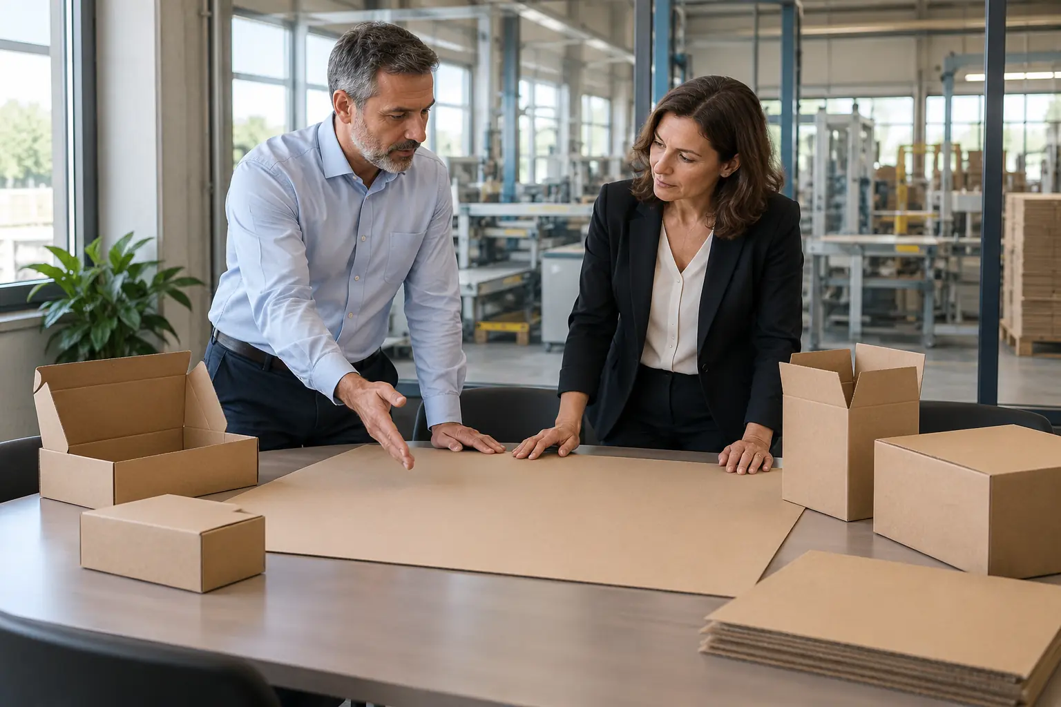 Two people reviewing cardboard packaging samples at a table