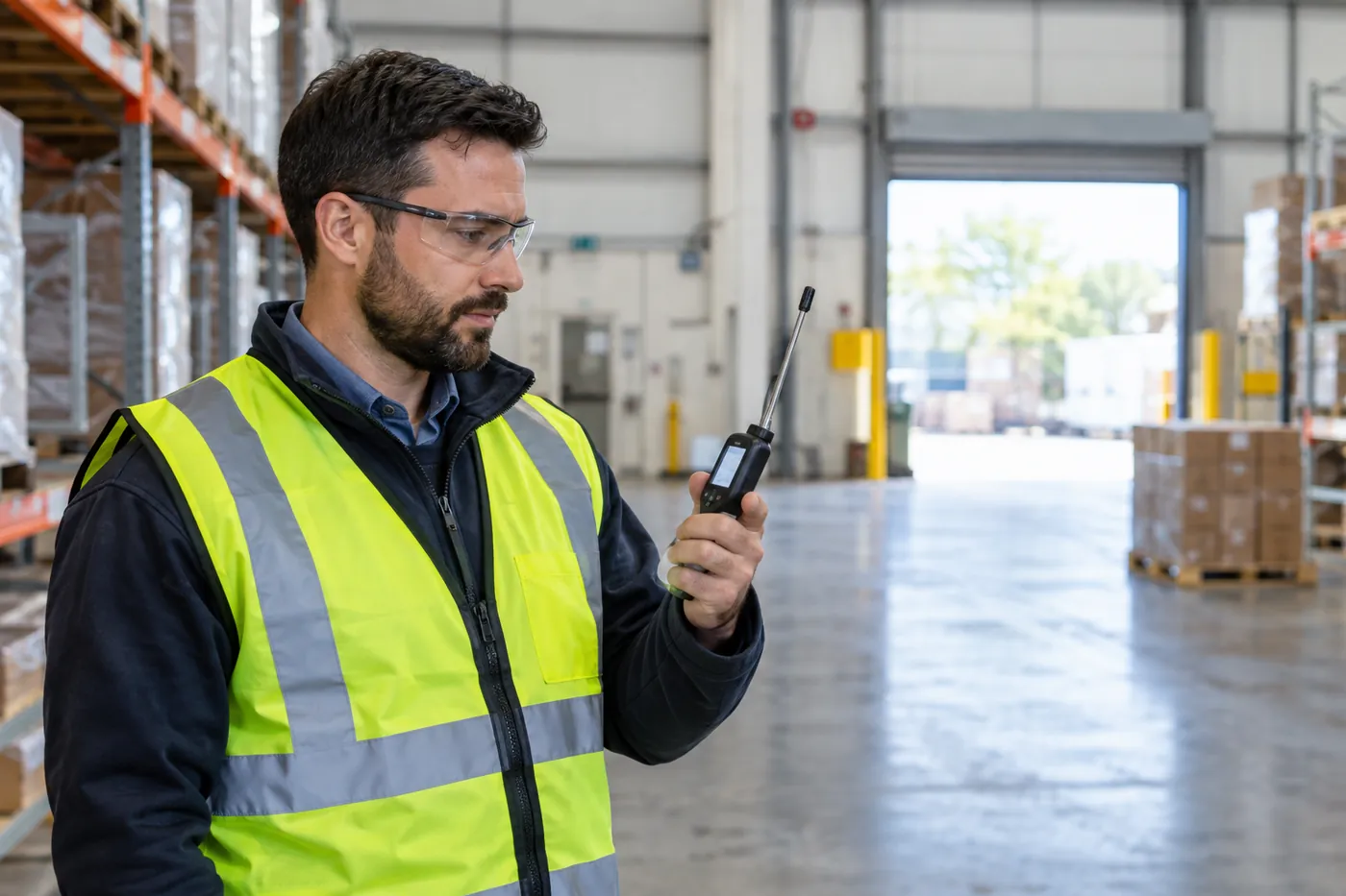 Facility worker holding a handheld probe in a warehouse