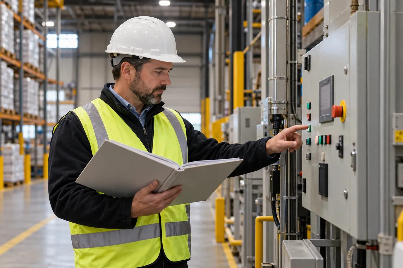 Facility worker consulting a manual beside an industrial control panel
