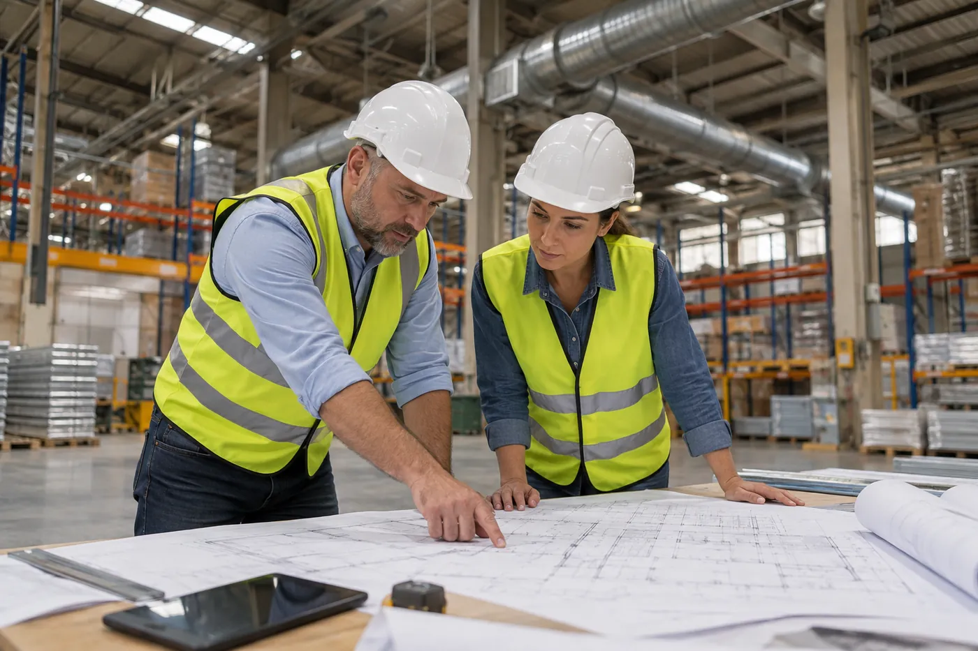 Two facility professionals reviewing a floor plan in a warehouse