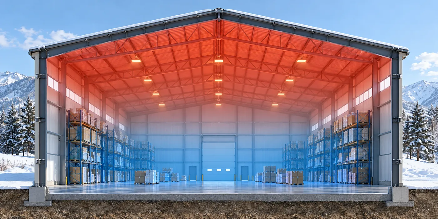 Warehouse cross section with warm colors near the roof and cool colors near the floor