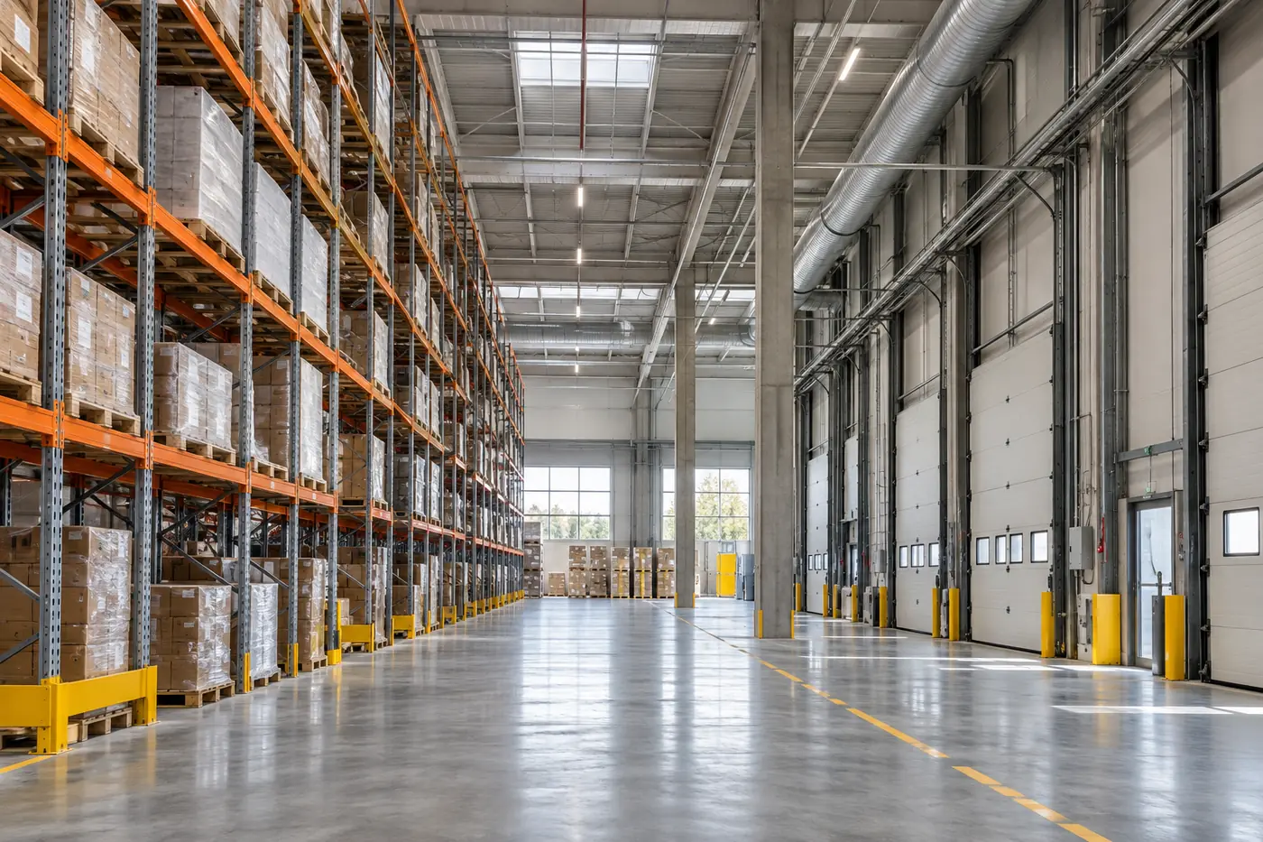 Warehouse with storage racks, overhead ductwork and loading doors