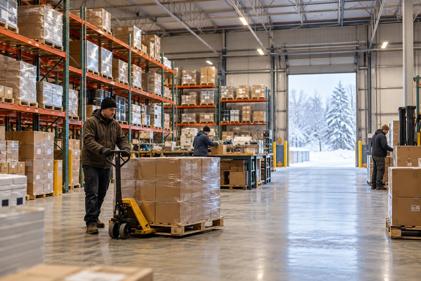 Workers handling goods in a warehouse with a snowy loading entrance