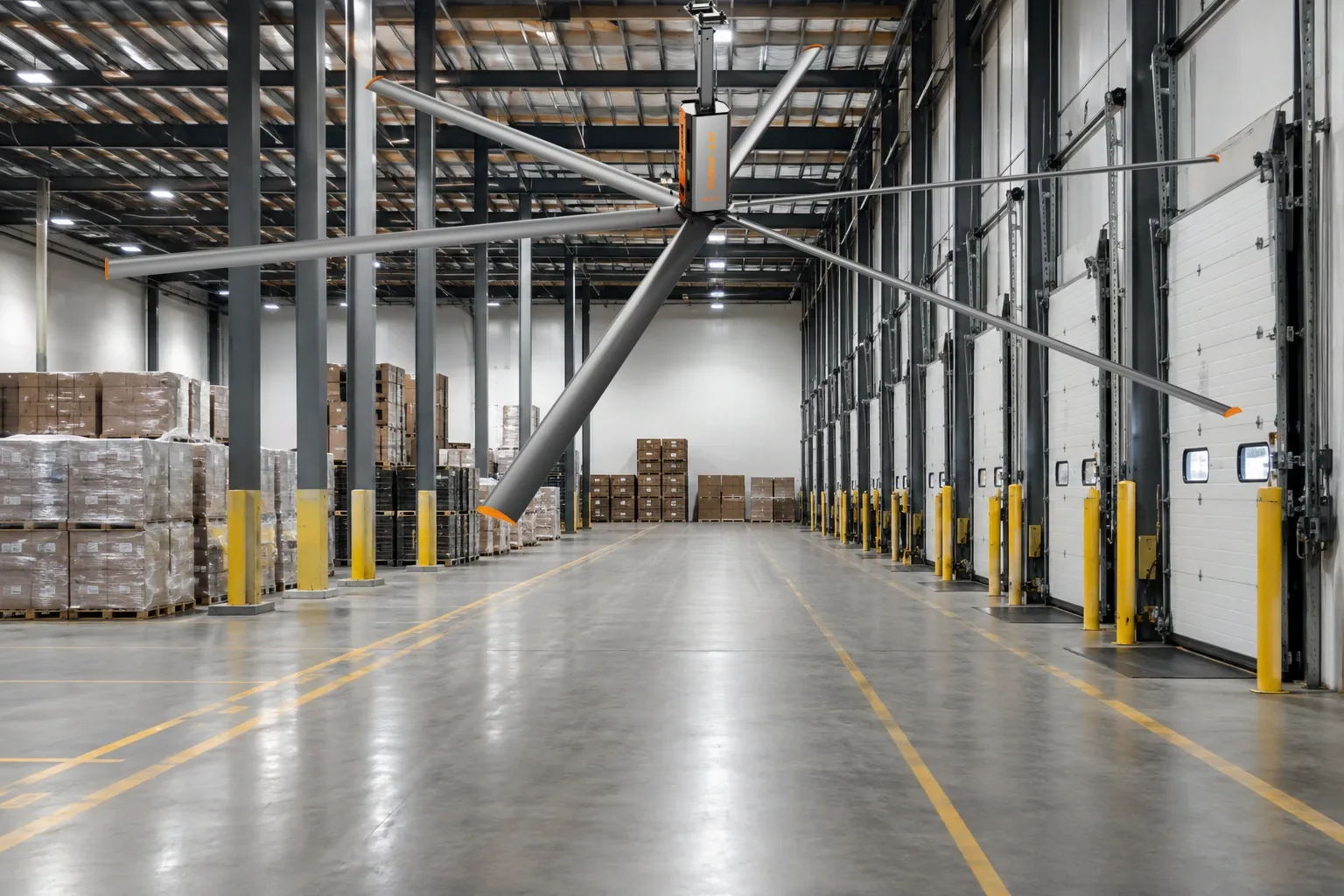 HVLS fan installation clearance around structural beams and building services