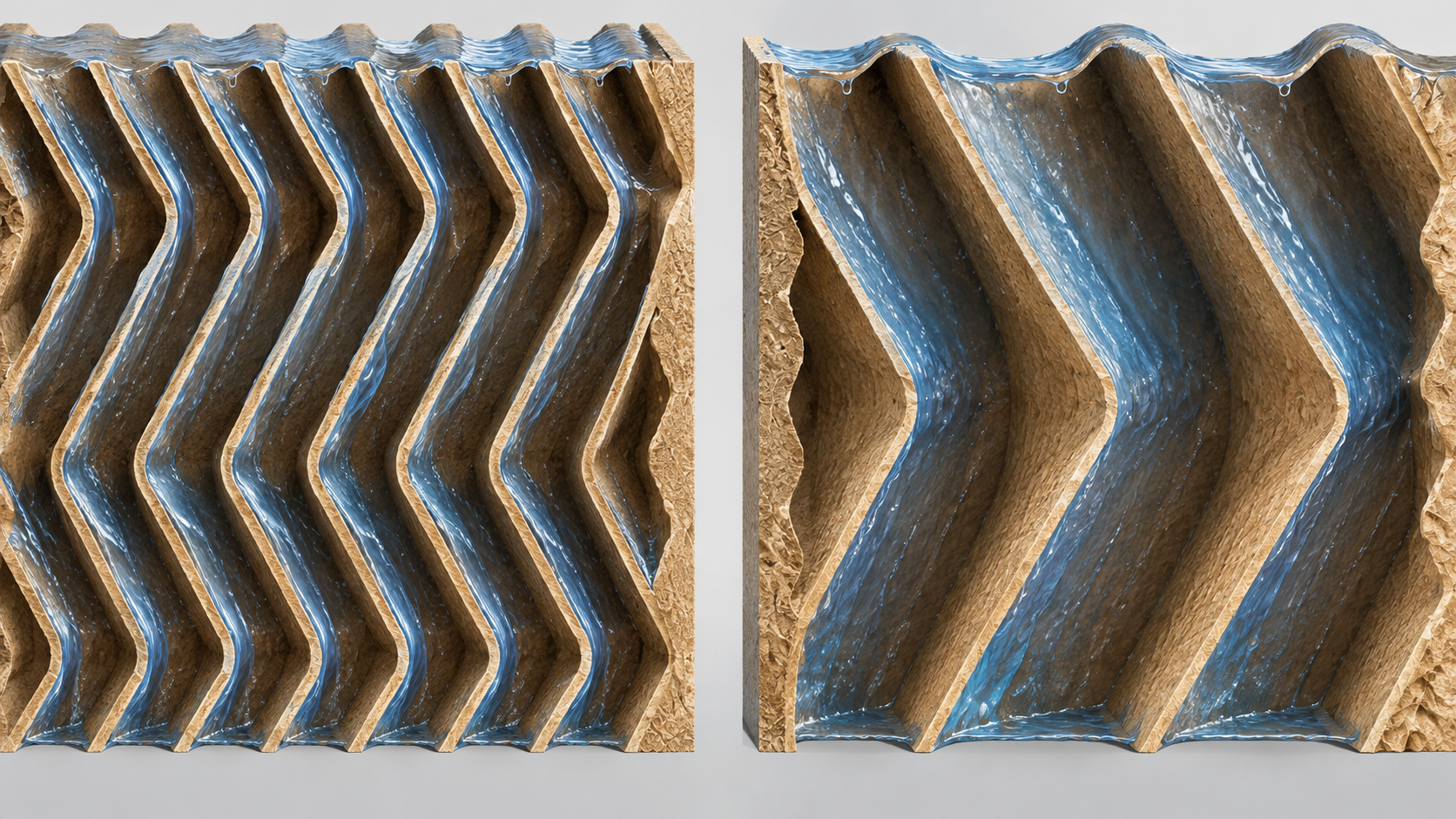 Side-by-side comparison of evaporative cooling pad channel geometry