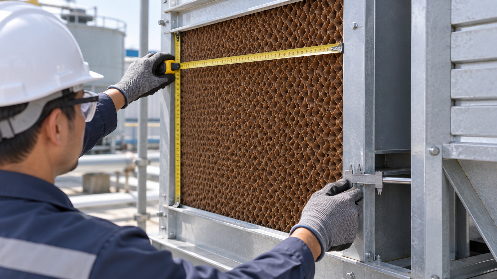 Technician measuring the height, width and depth of an evaporative cooling pad