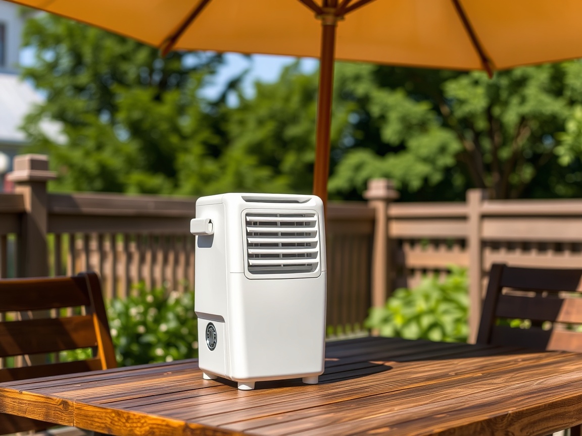 A white portable air cooler stands on a wooden patio table under a sun umbrella, facing outward