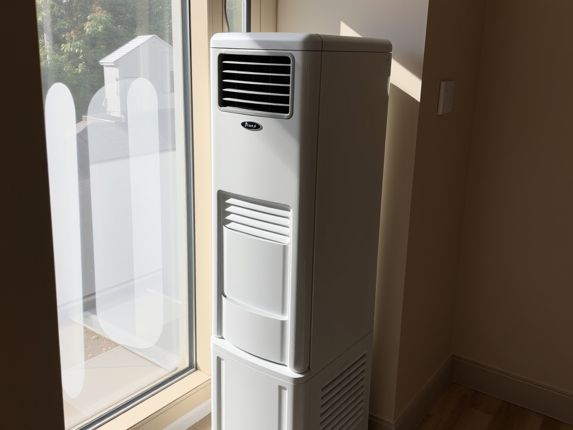 A tall tower cooler stands by a window with vents facing outward