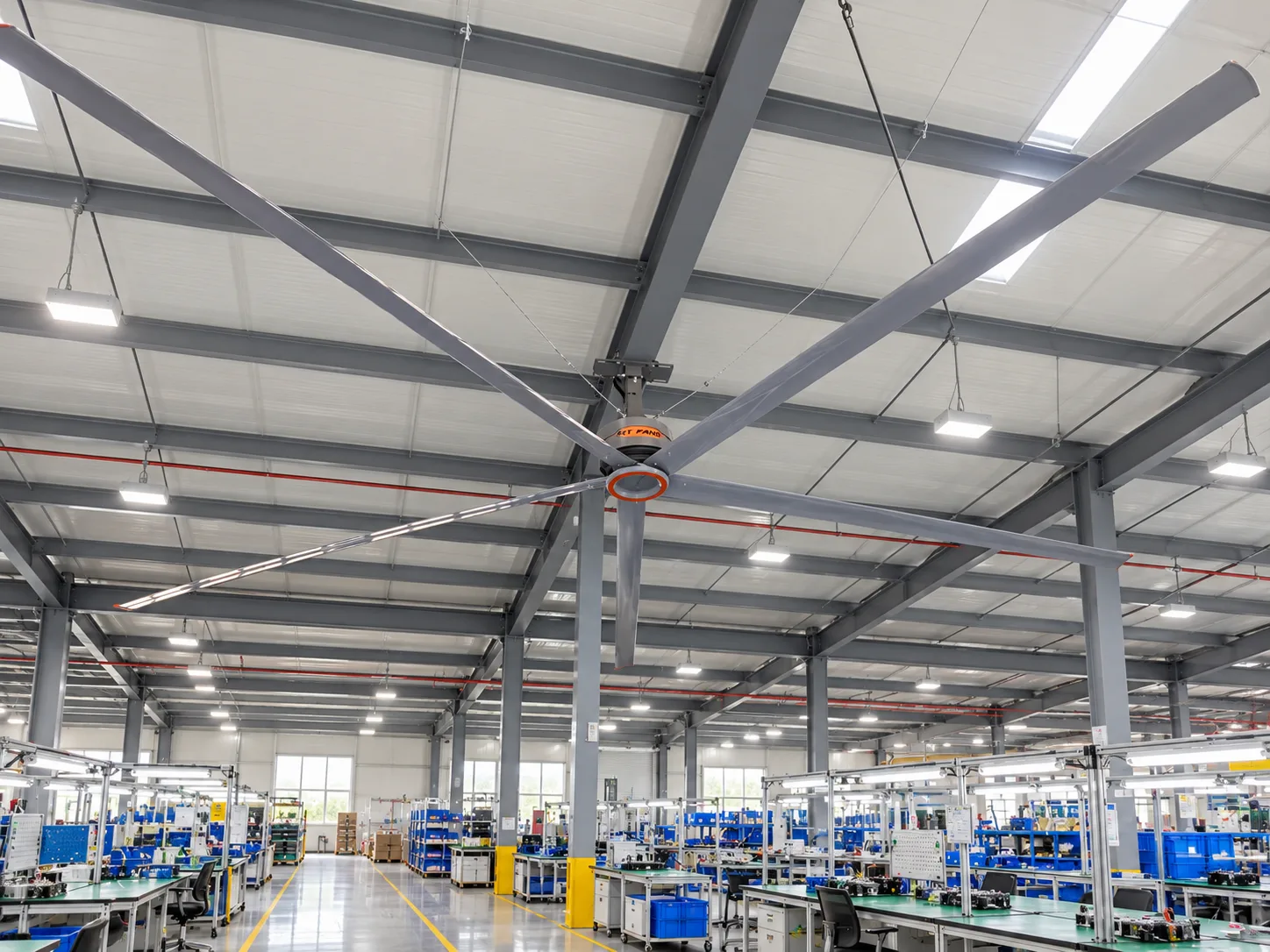 Energy-efficient manufacturing facility using an RTFANS Fengcai five-blade HVLS ceiling fan