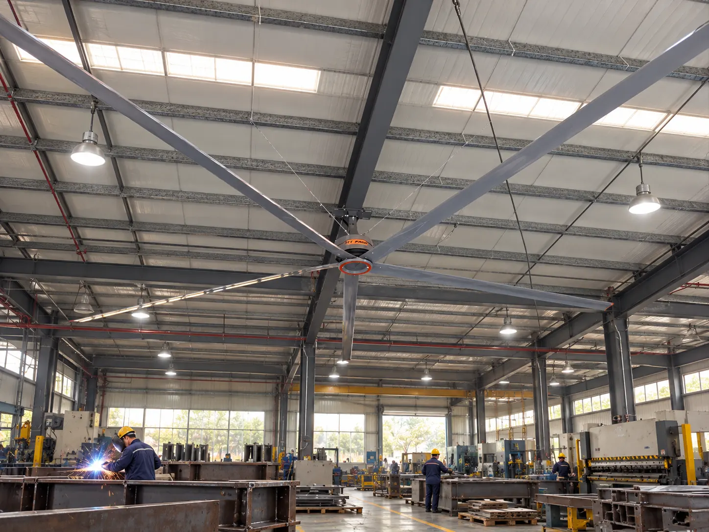 Heavy manufacturing workshop using an RTFANS Fengcai five-blade HVLS ceiling fan for air movement