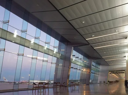 Airport food court and terminal seating area designed with ventilation and airflow in mind.