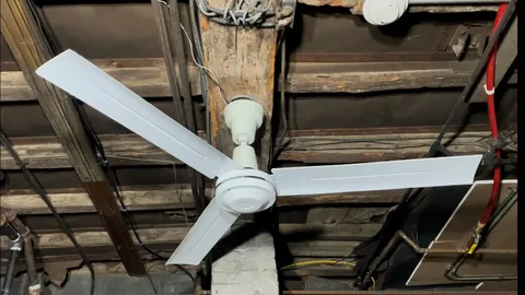 Ceiling fan reducing barn humidity and lowering lameness risks in livestock.