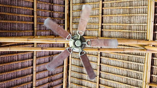 Ceiling fan ventilating barns to reduce moisture and support animal welfare.