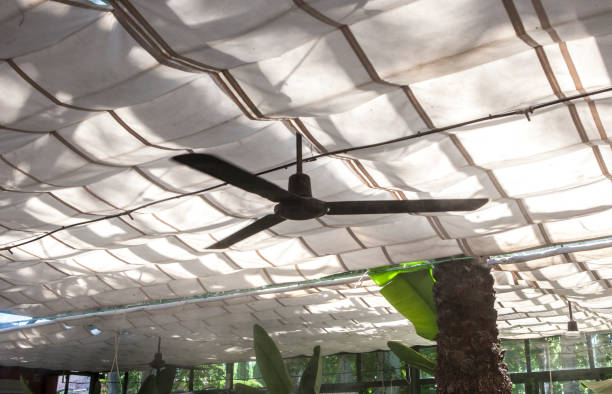 Ceiling fan under shade providing ventilation in a sports hall environment.