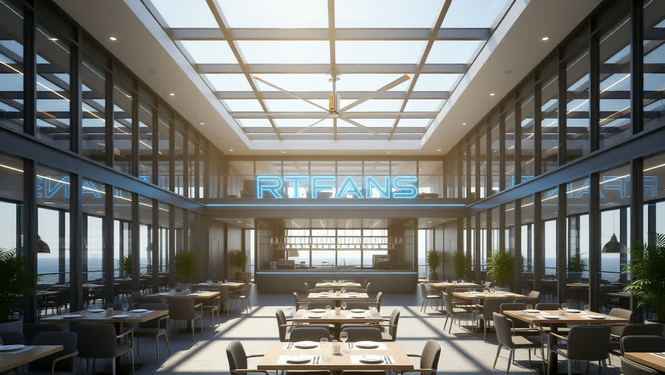 Ceiling fans in restaurant working with HVAC to reduce overall cooling energy costs.