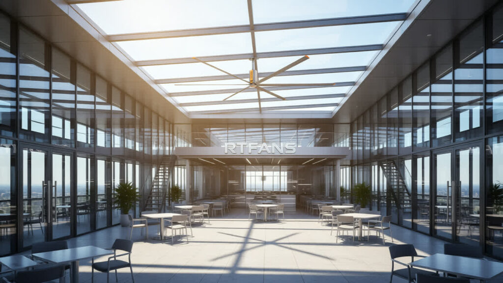 Ceiling fans in restaurant working with HVAC to reduce overall cooling energy costs.