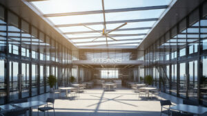 Ceiling fans in restaurant working with HVAC to reduce overall cooling energy costs.