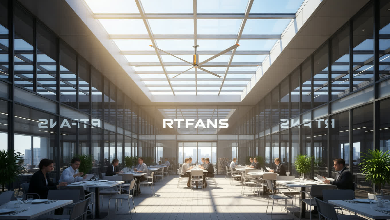 Ceiling fans in restaurant working with HVAC to reduce overall cooling energy costs.