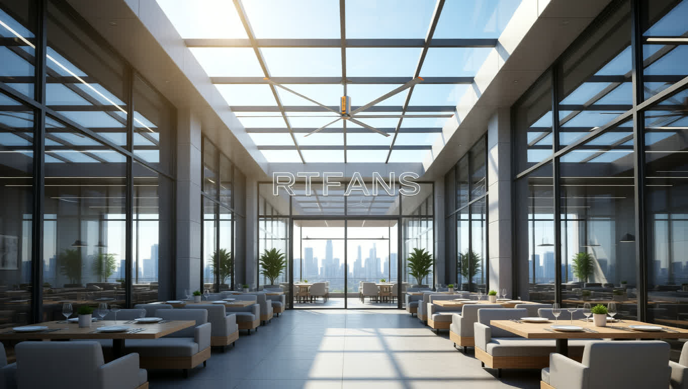 Ceiling fans in restaurant working with HVAC to reduce overall cooling energy costs.