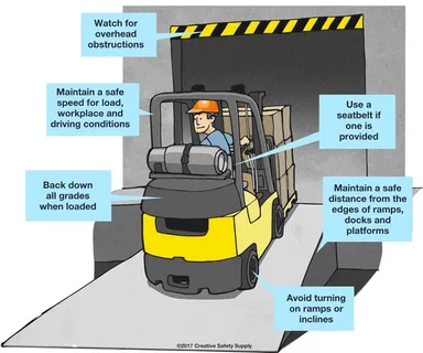 Forklift safety rules reducing risks in high traffic warehouse areas.