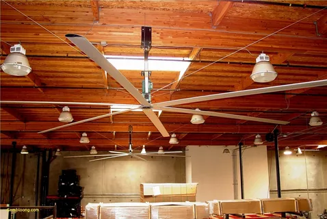 Industrial ceiling fan in restaurant designed to enhance energy efficiency and lower cooling costs.