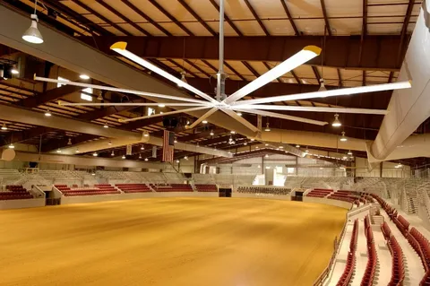 Large HVLS ceiling fan improving airflow and reducing heat in indoor sport halls.