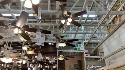 Display of multiple ceiling fans used for commercial spaces including airport food courts.