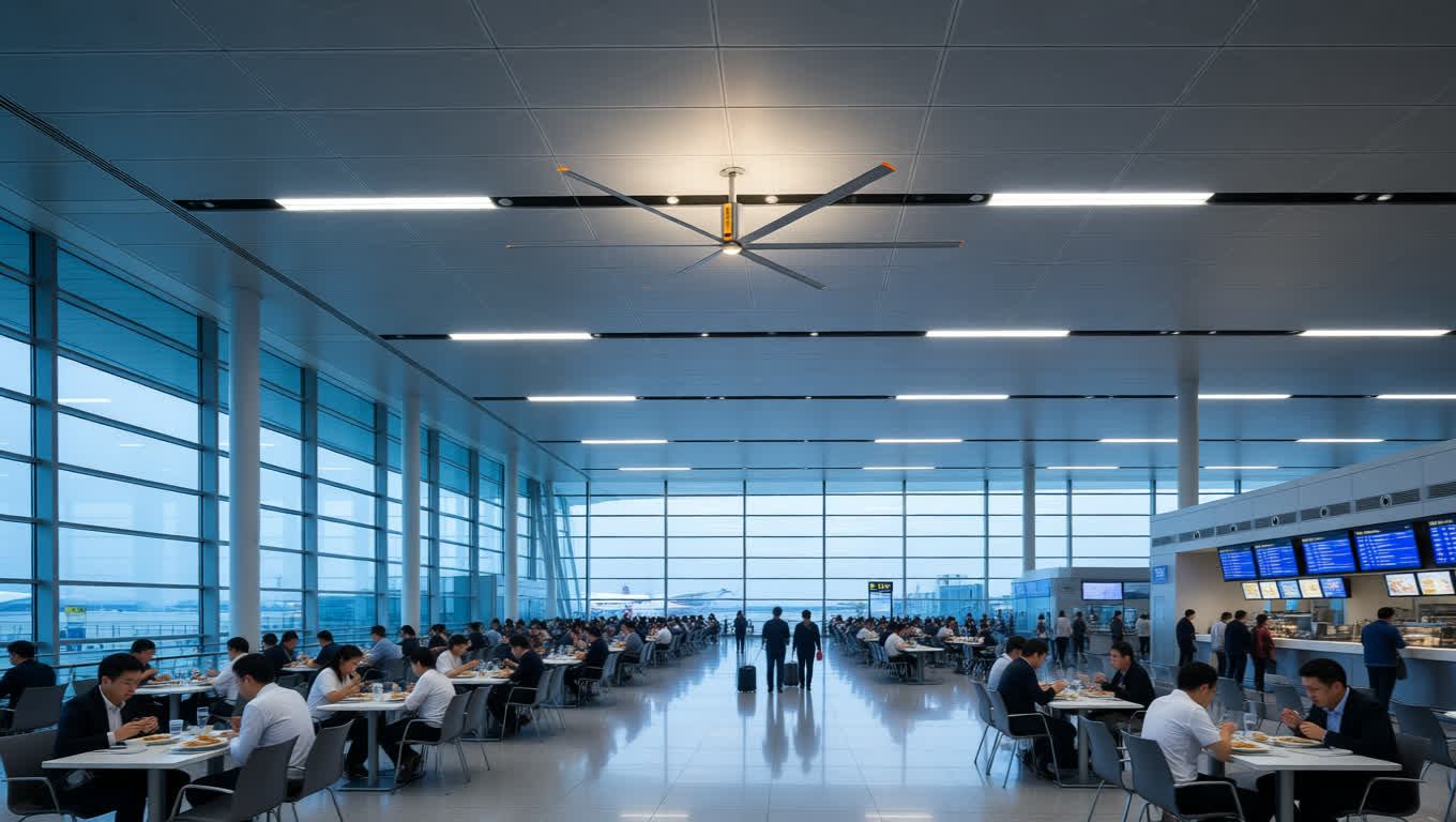 Outdoor airport food court area with HVLS ceiling fans managing airflow and reducing food odors.