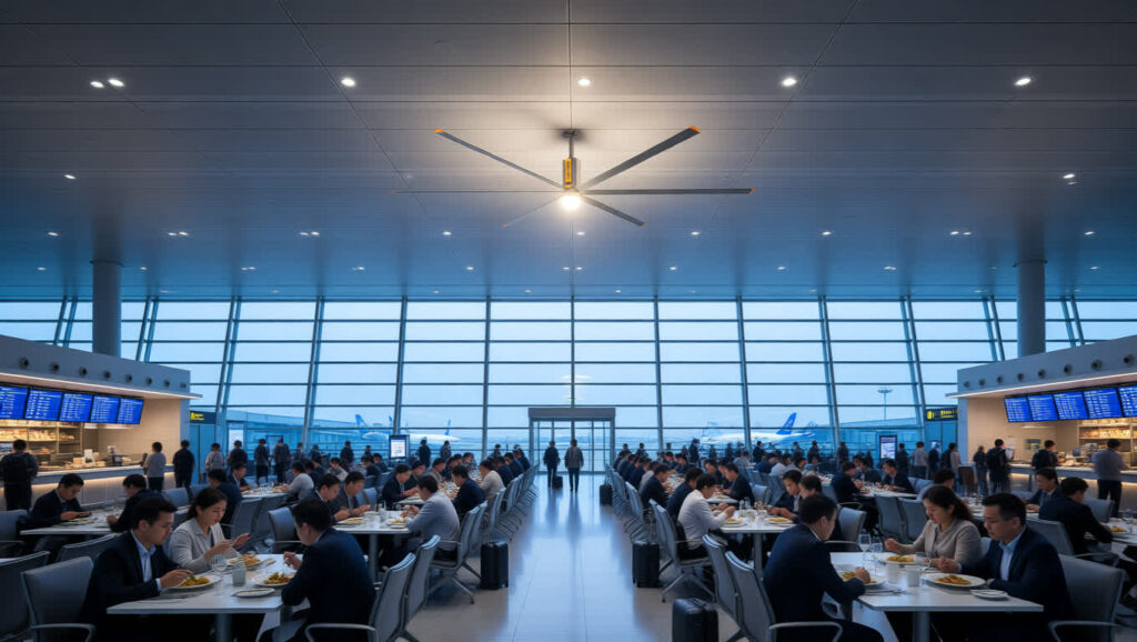Outdoor airport food court area with HVLS ceiling fans managing airflow and reducing food odors.